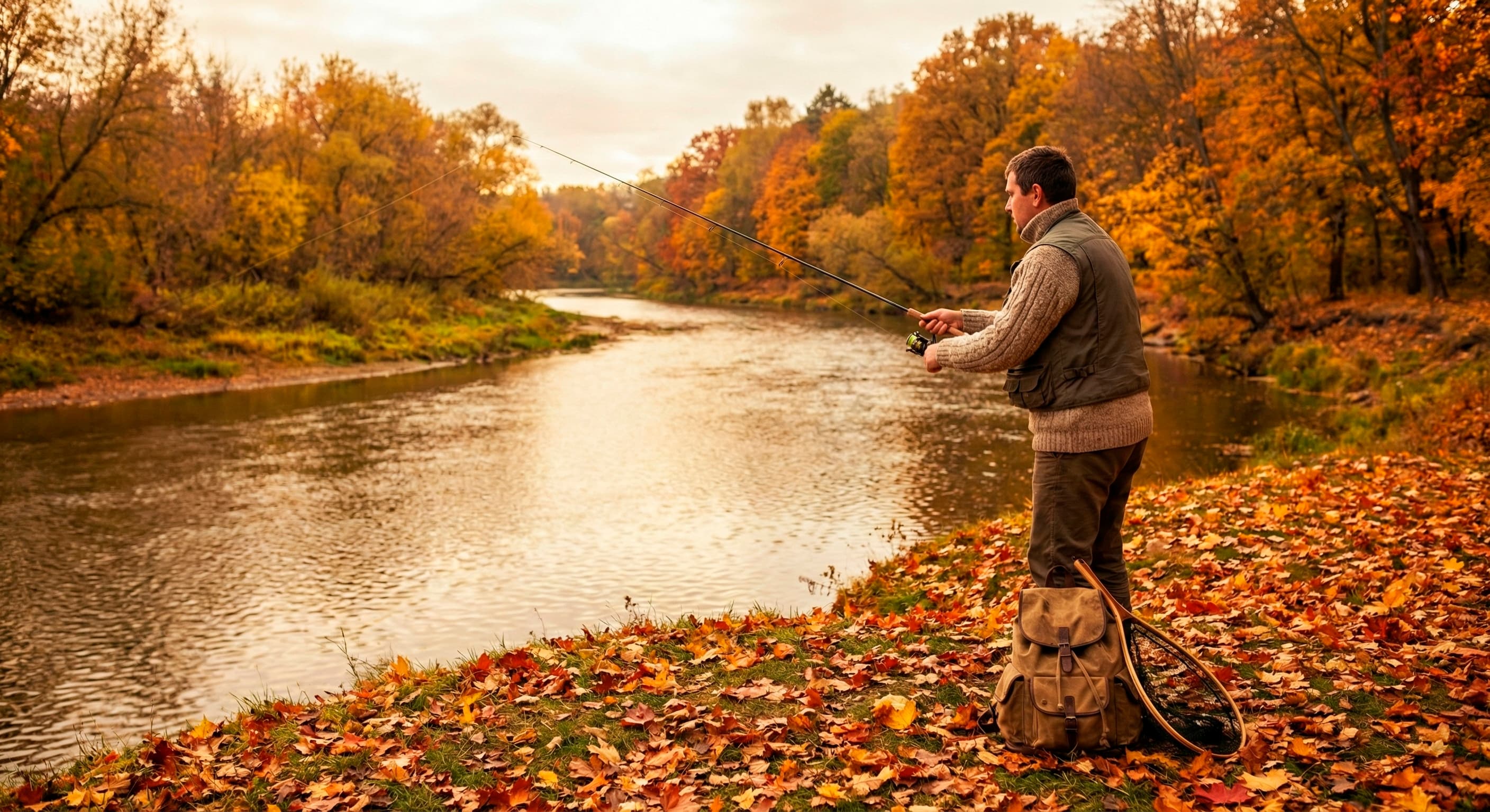 Осенний берег реки с рыболовными снастями