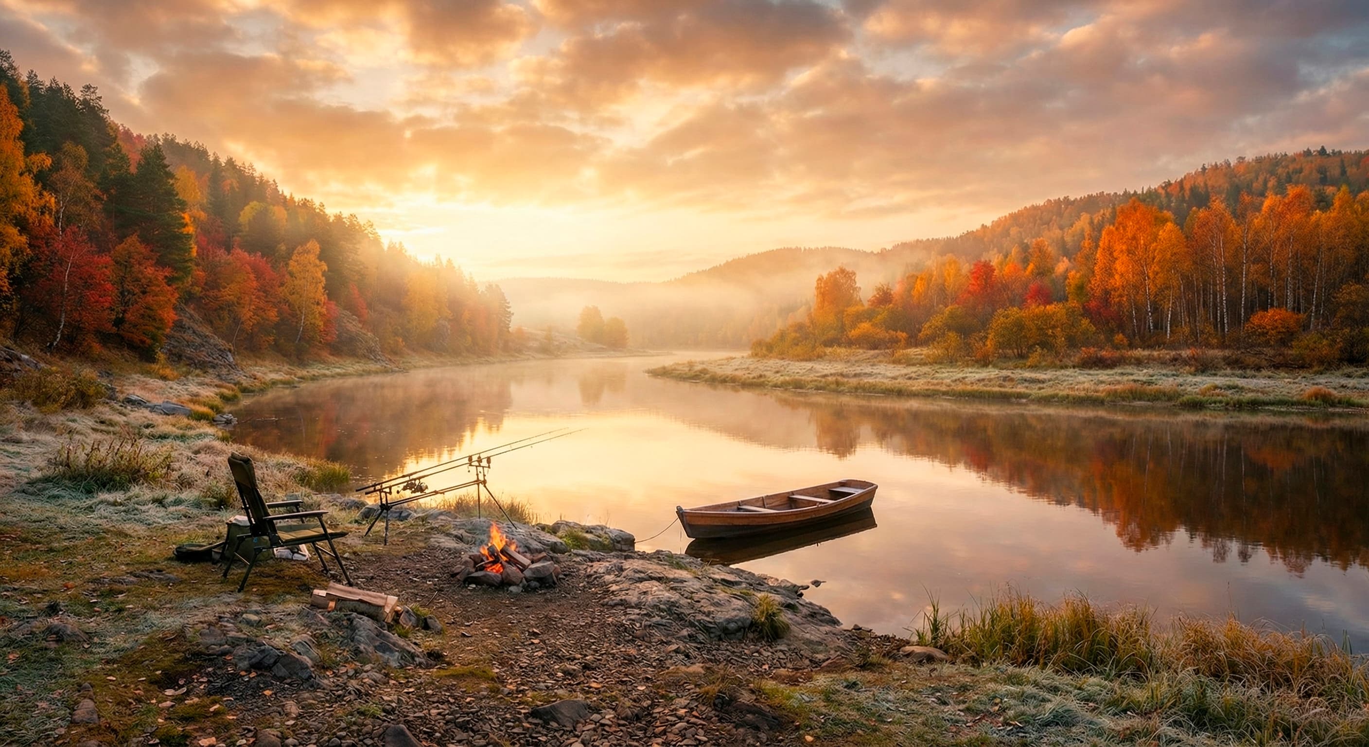 Туманный рассвет над озером