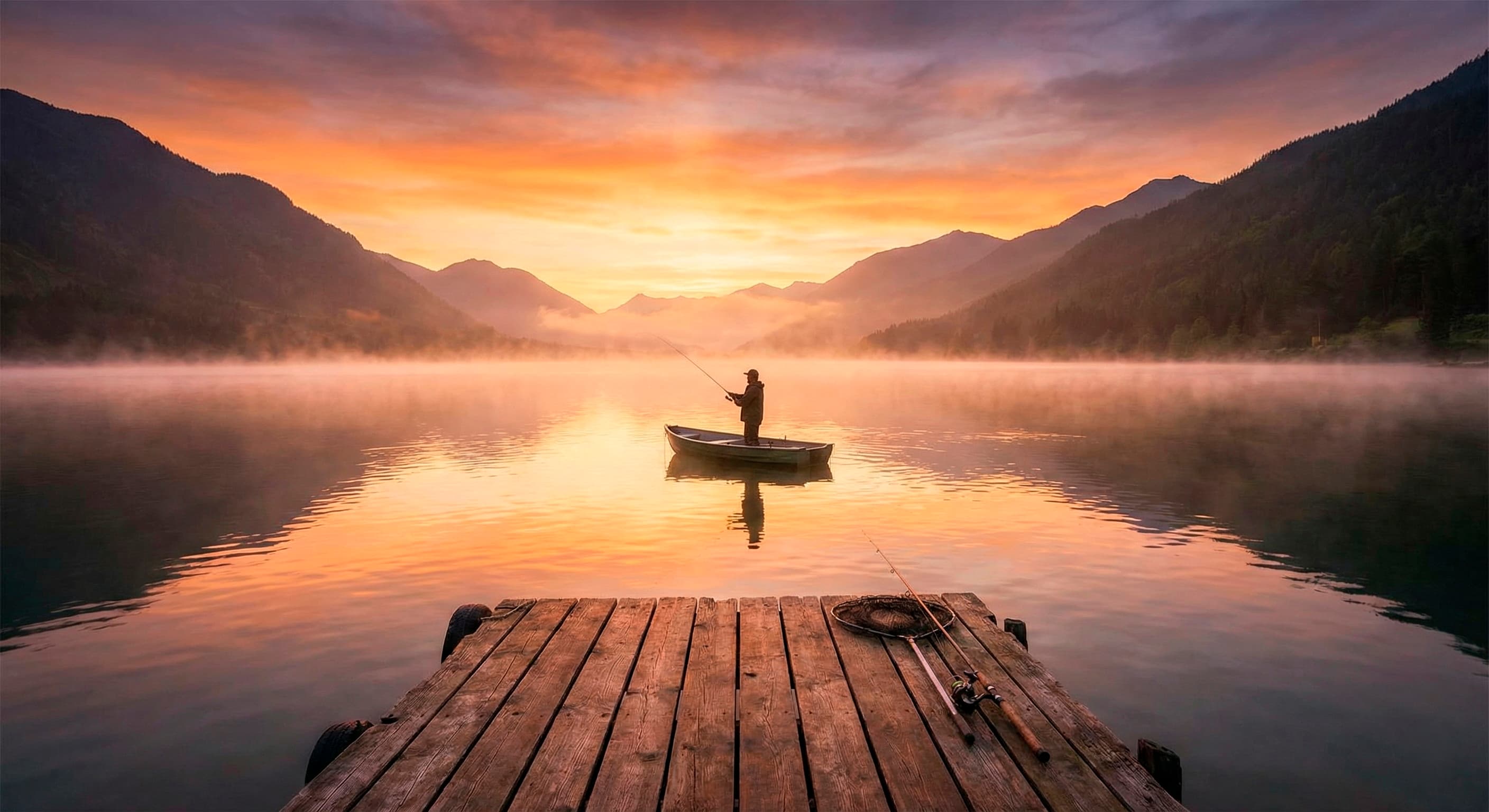 Рыбак на рассвете у спокойного озера