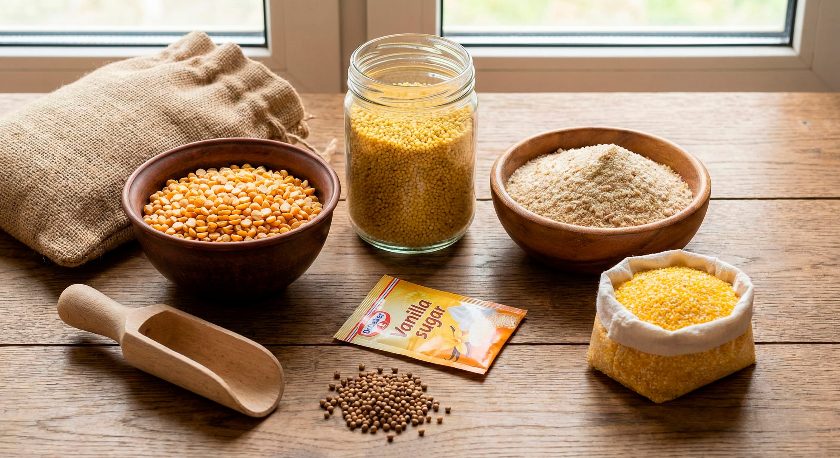 Ингредиенты на столе: горох, пшено и сухари