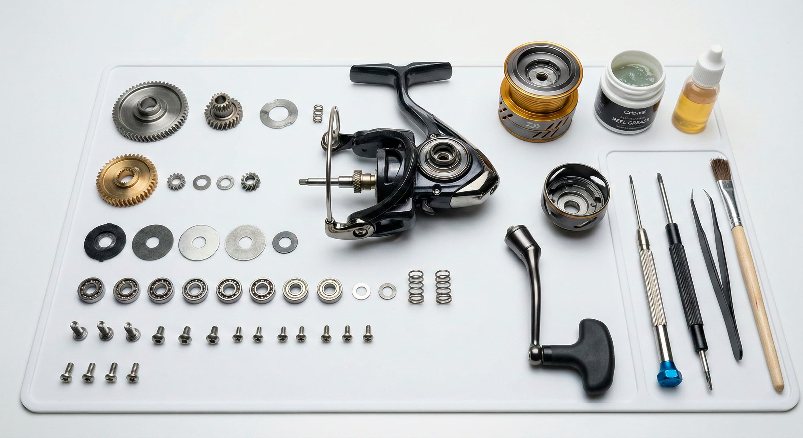 Разобранная катушка с разложенными по порядку деталями