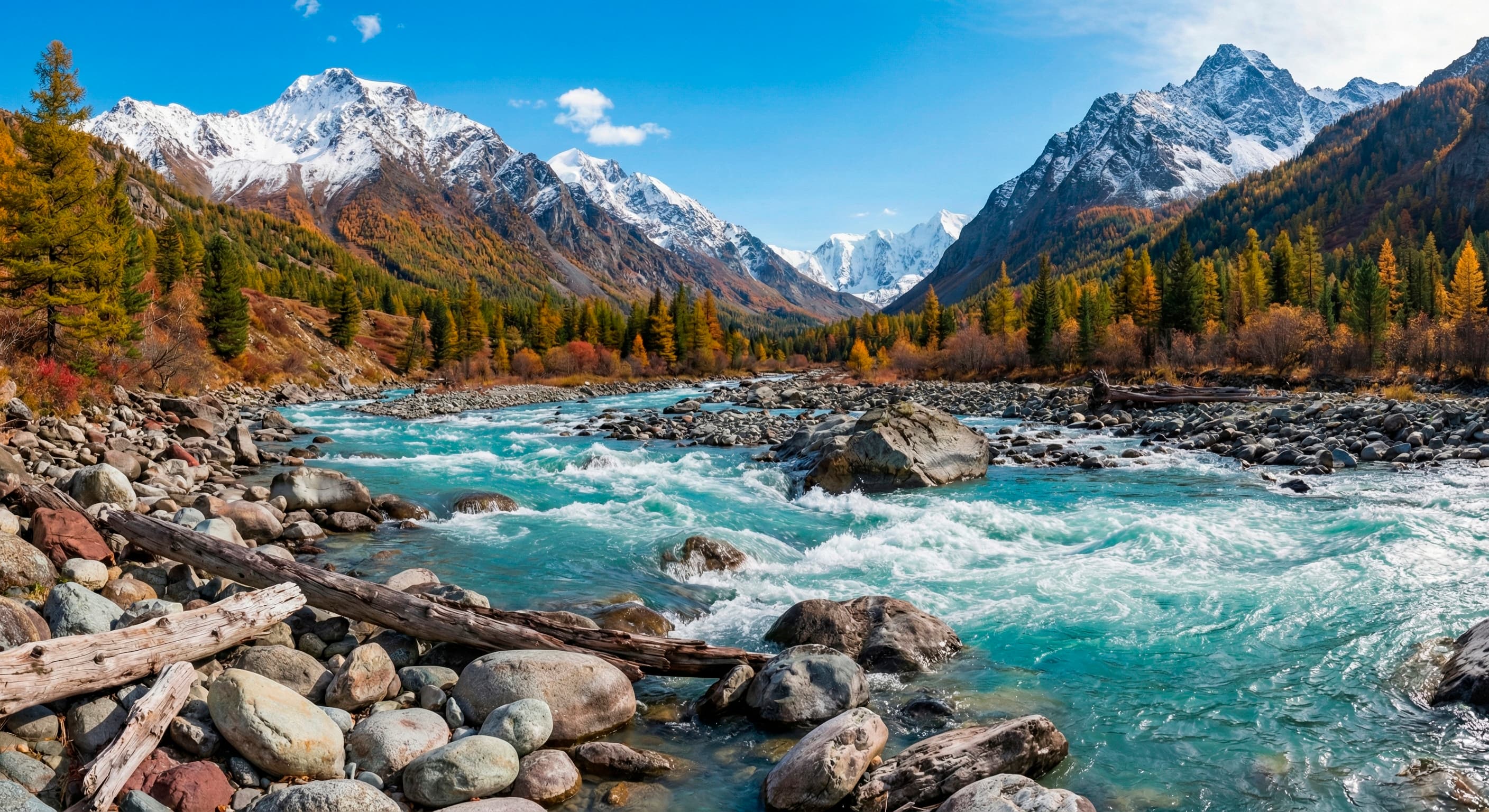 Горная река Алтая и палатка у берега