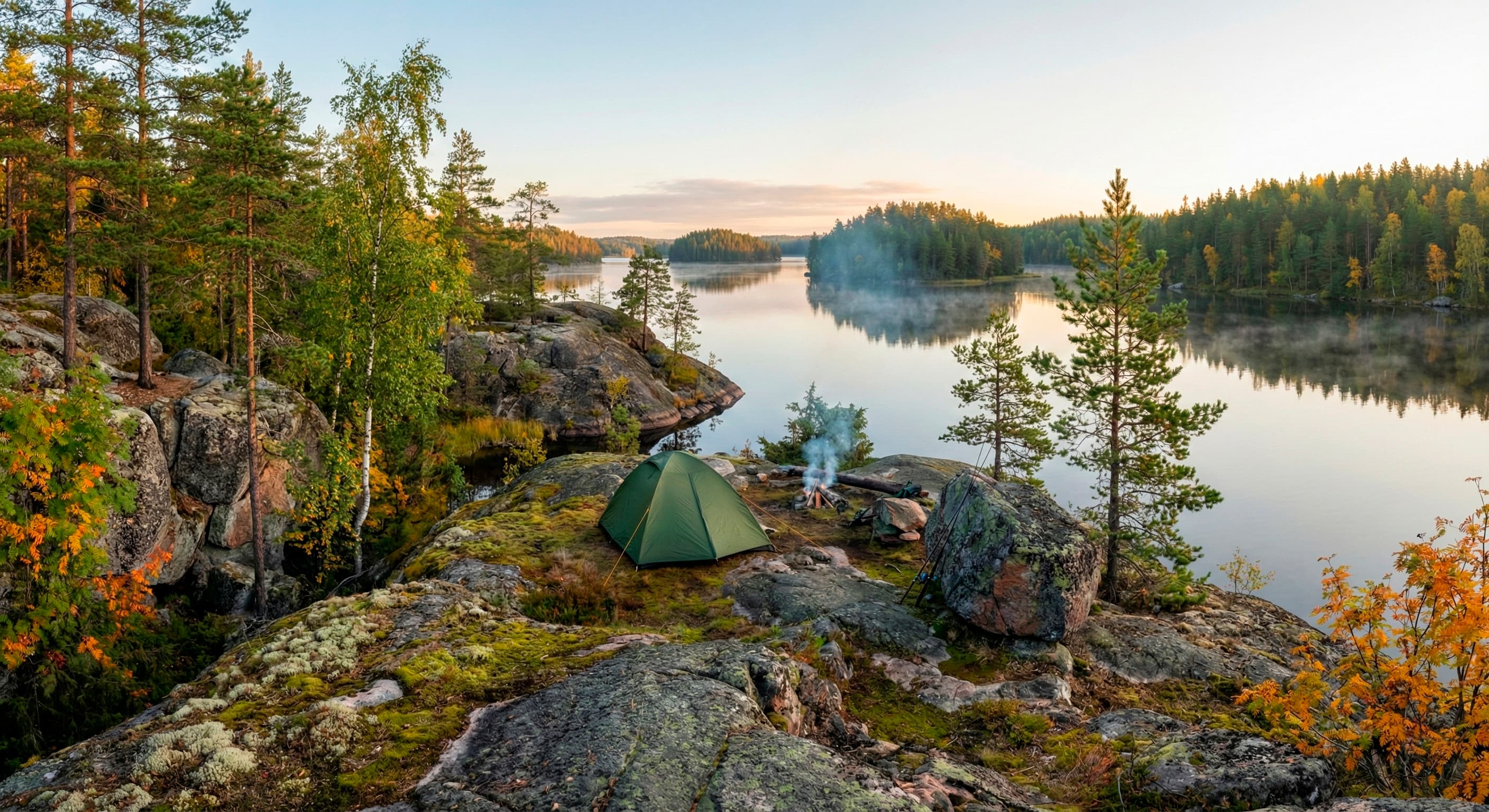 Палатка на скалистом берегу карельского озера