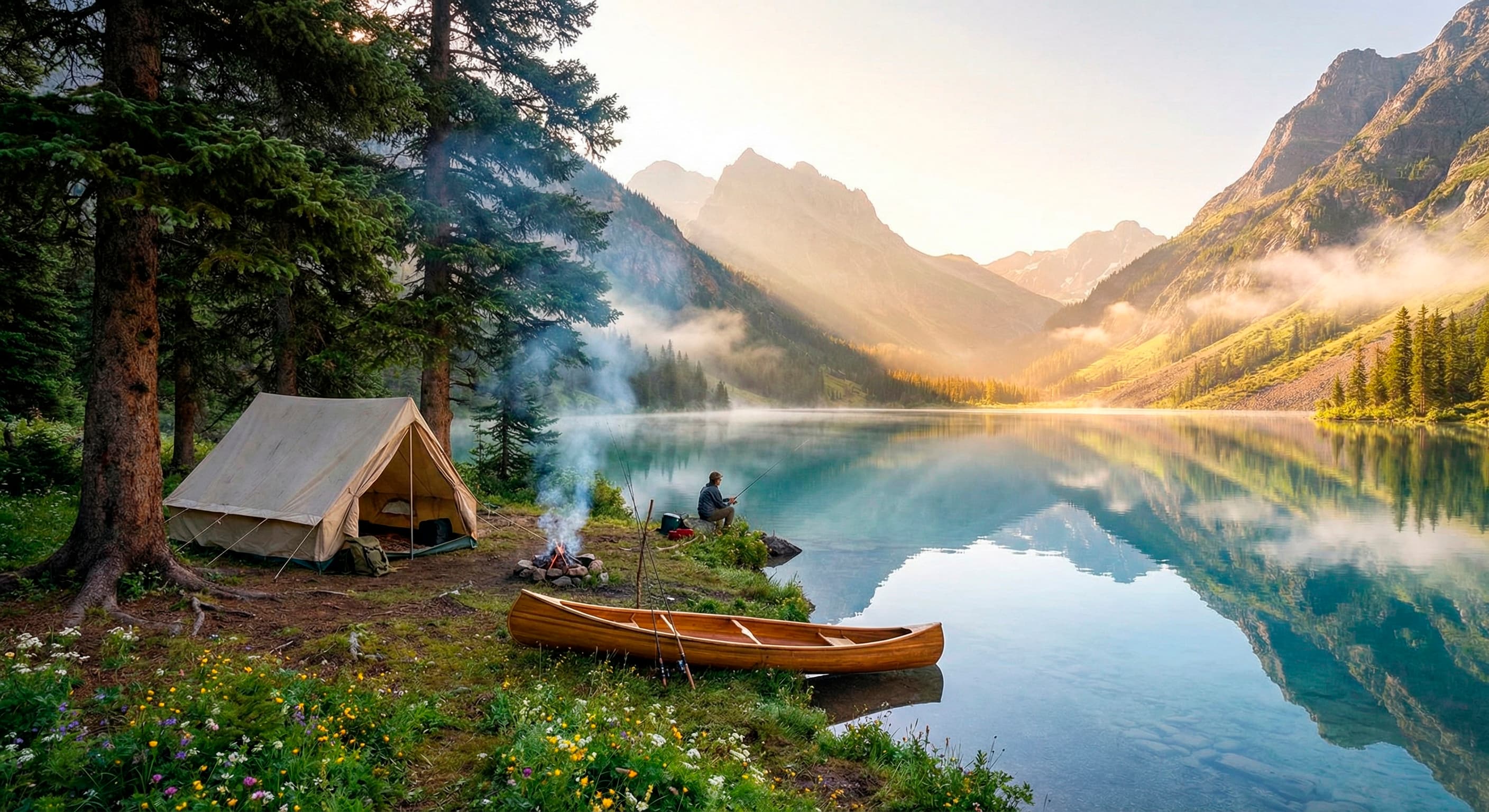Живописный водоем для рыбалки с палаткой