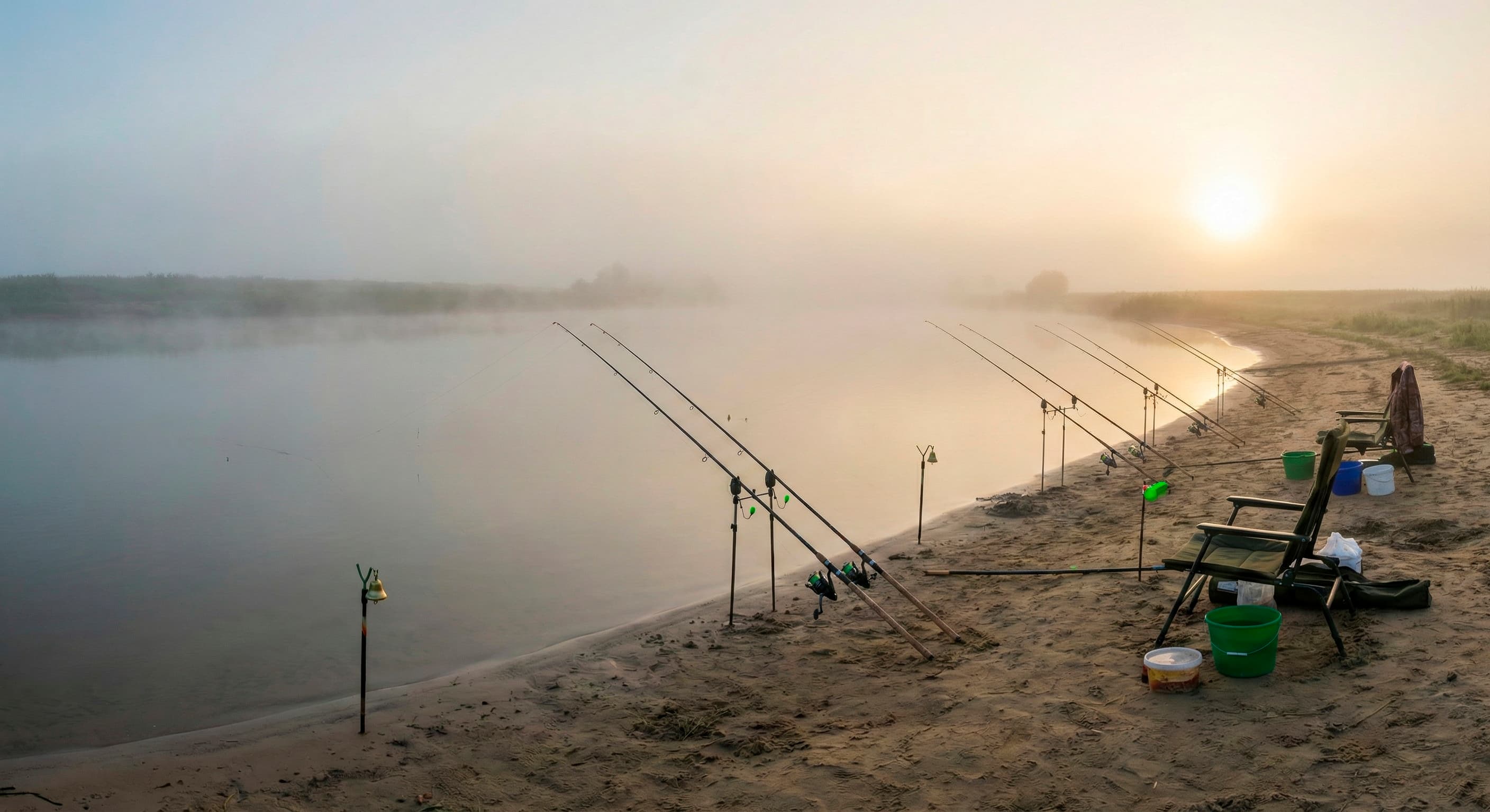 Утренний туман над Волгой и фидерные удилища на берегу