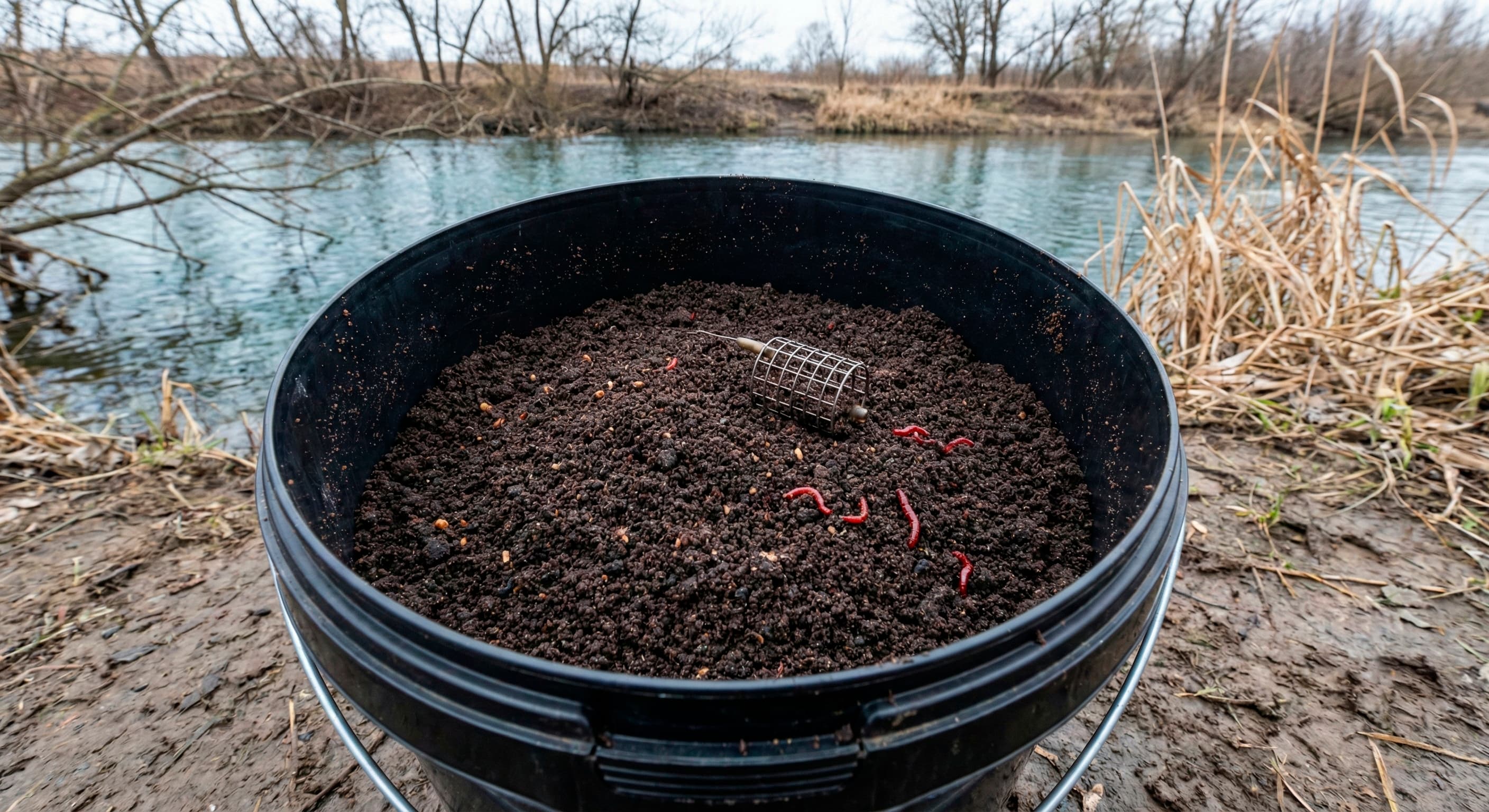 Темная мелкофракционная прикормка в ведре